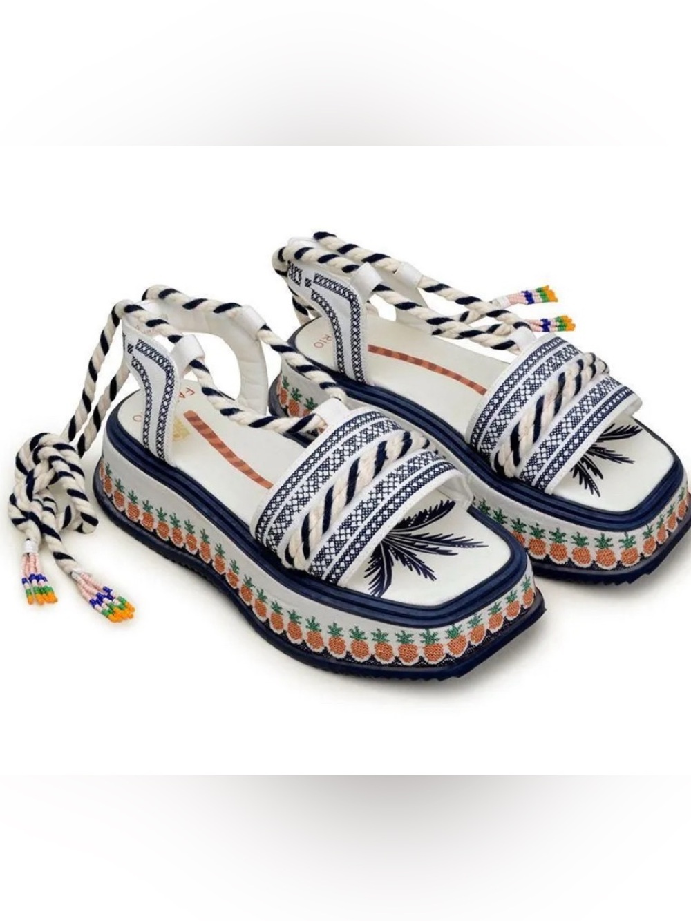 FARM Rio Platform Sandals Shoes with Pineapple Trim Rope tie & beaded tassels 9